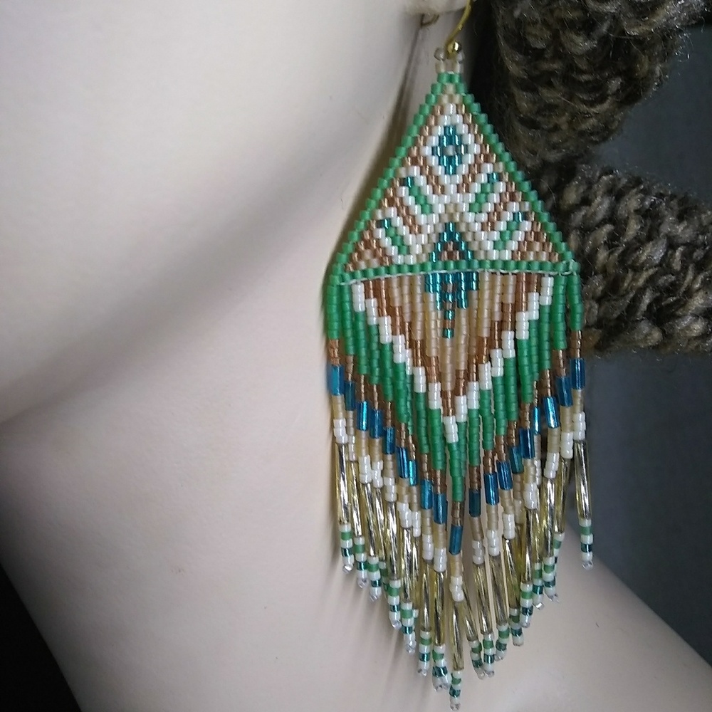 ⭐HP⭐ Beaded Handmade Long Fringe Earrings Peacock - Picture 5 of 8